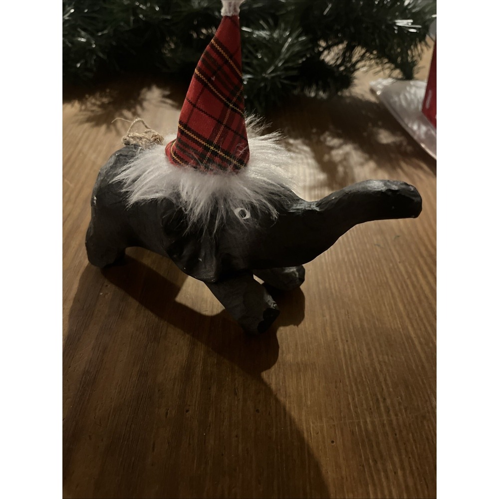 Handcrafted Elephant Christmas Tree Ornament Paper Mache Red Plaid Santa Hat